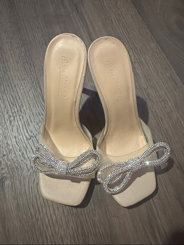 Anne Michelle Beige Slide Mules With Crystal Bow